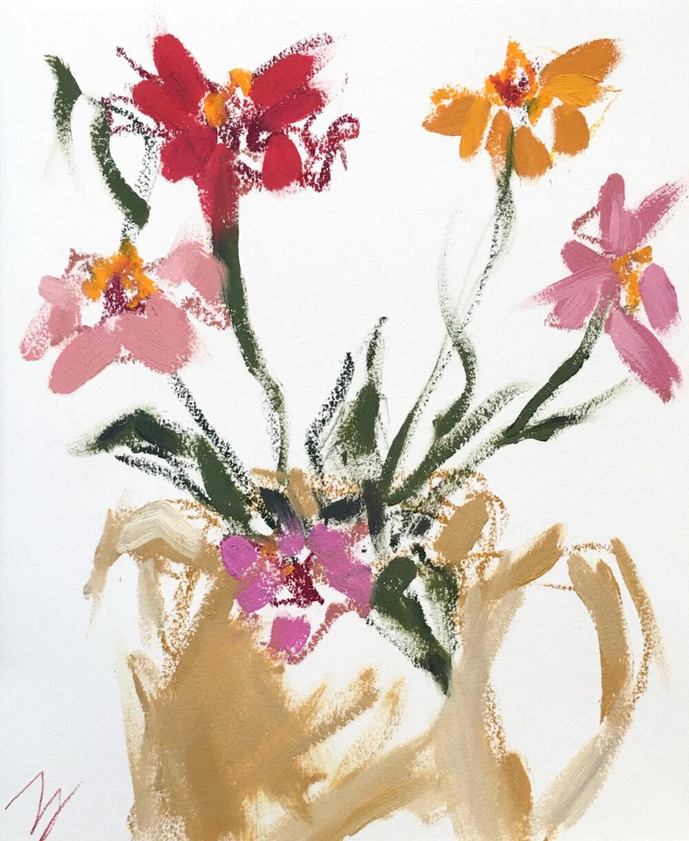 Zinnias In Ochre Jug - Oil on Arches Oil Paper - 11" x 9" - $429 CAD